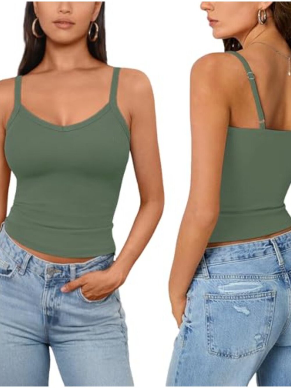 Women's Ribbed Tank Top Adjustable Spaghetti Strap V-Neck Crop Top